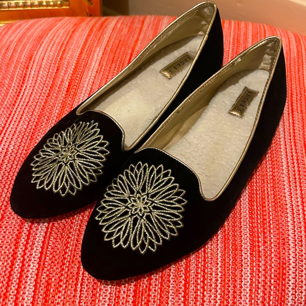 BIRDIES embroidered velvet slip on faux shearling fur loafers flats shoes